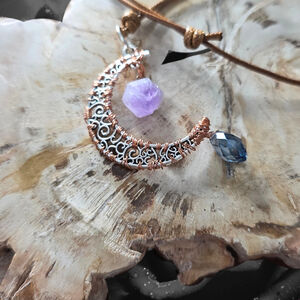 Amethyst Crescent Moon Necklace, Copper Wire Wrapped Pendant, Blue Drop Necklace